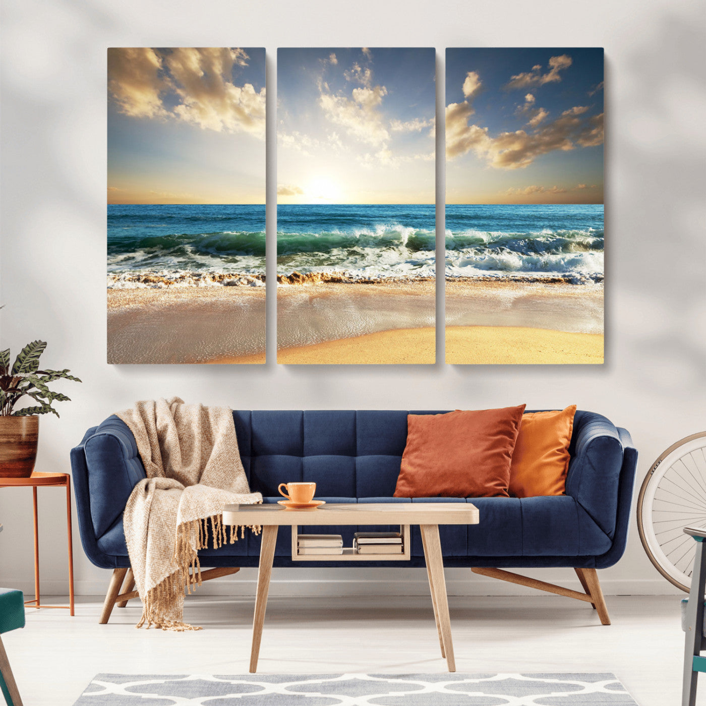 MGV-CV-48X32-3P - Golden Sunset Beach Triptych Canvas Wall Art for Living Room – 3-Panel Ocean View, Framed & Ready to
