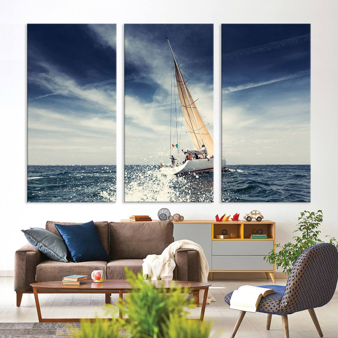 Sailboat Ocean Beach Blue Sky Wall Art Canvas Print