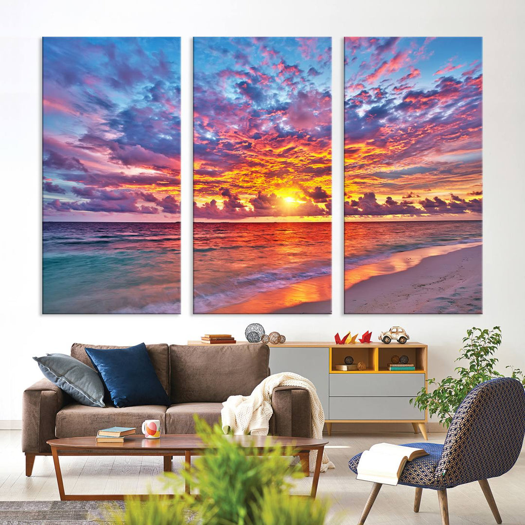 Vibrant Sunset Beach Wall Art | Ocean Sunset Canvas Print | Coastal Wall Art Decor | Ready to Hang | Stunning Sunset Scene for Home or Office Decor