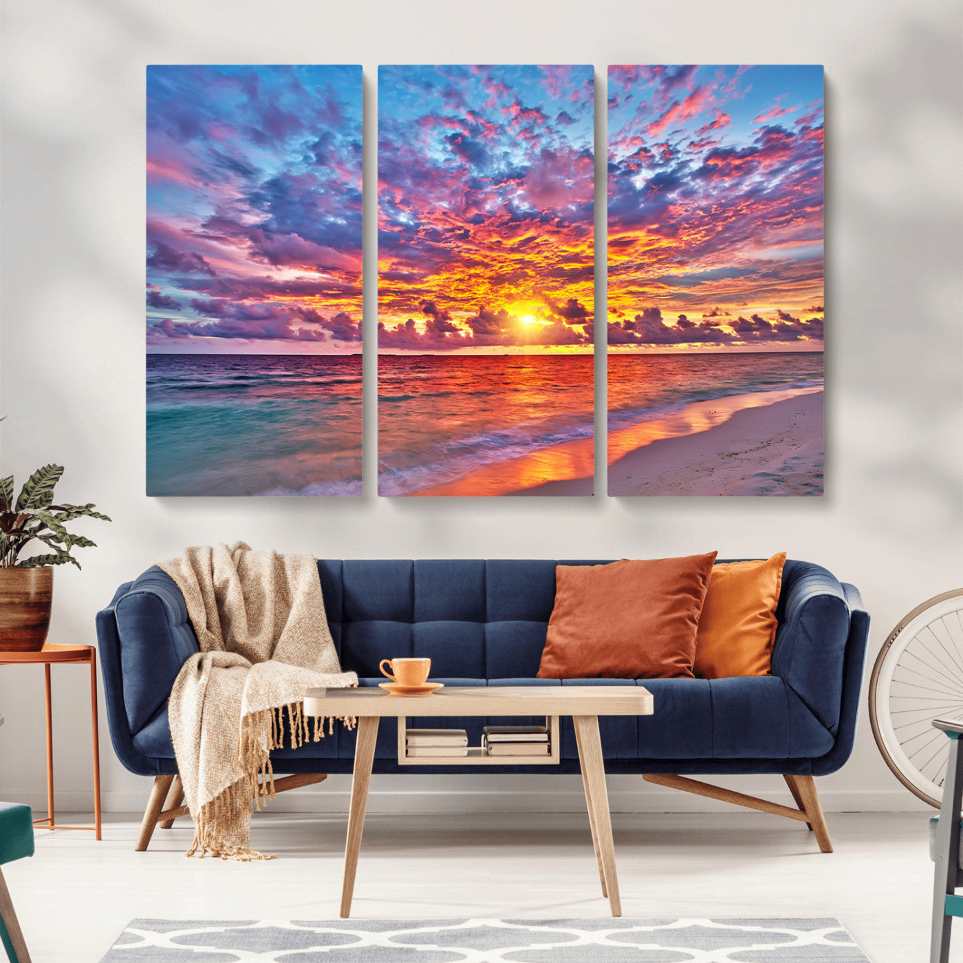 MGV-CV-48X32-3P - Vibrant Sunset Beach Wall Art - Ocean Sunset Canvas Print | Coastal Wall Art Decor Stunning Sunset