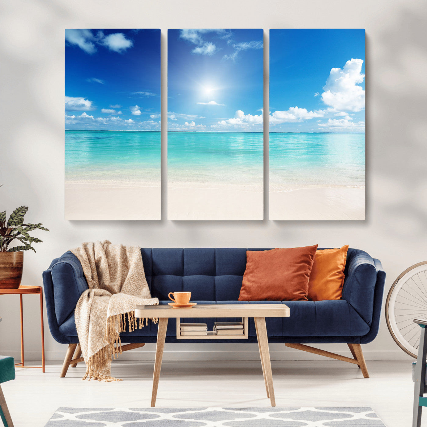MGV-CV-48X32-3P - Blue Ocean Wall Art Canvas Print - Tranquil Ocean Paradise Triptych Wall Art - Ready to Hang Beach