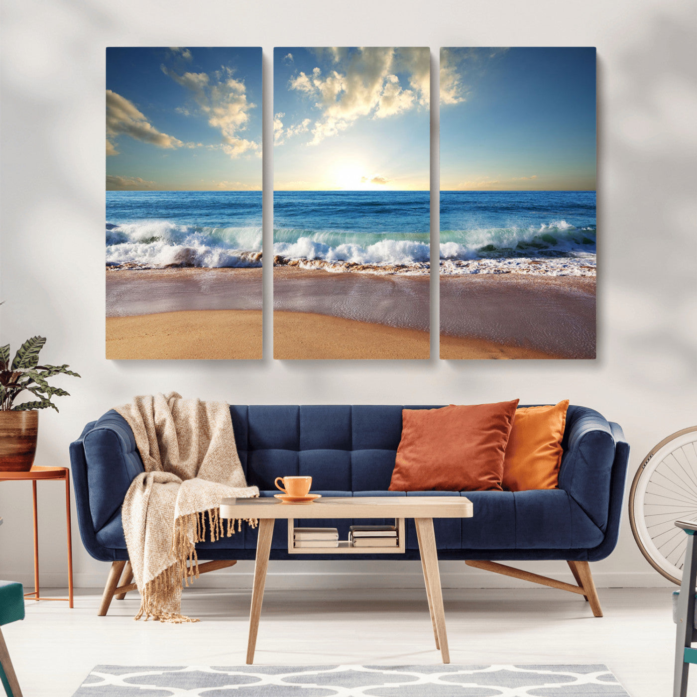 MGV-CV-48X32-3P - Serene Ocean Sunset Canvas Wall Art - Beach Waves at Sunset, Ready to Hang