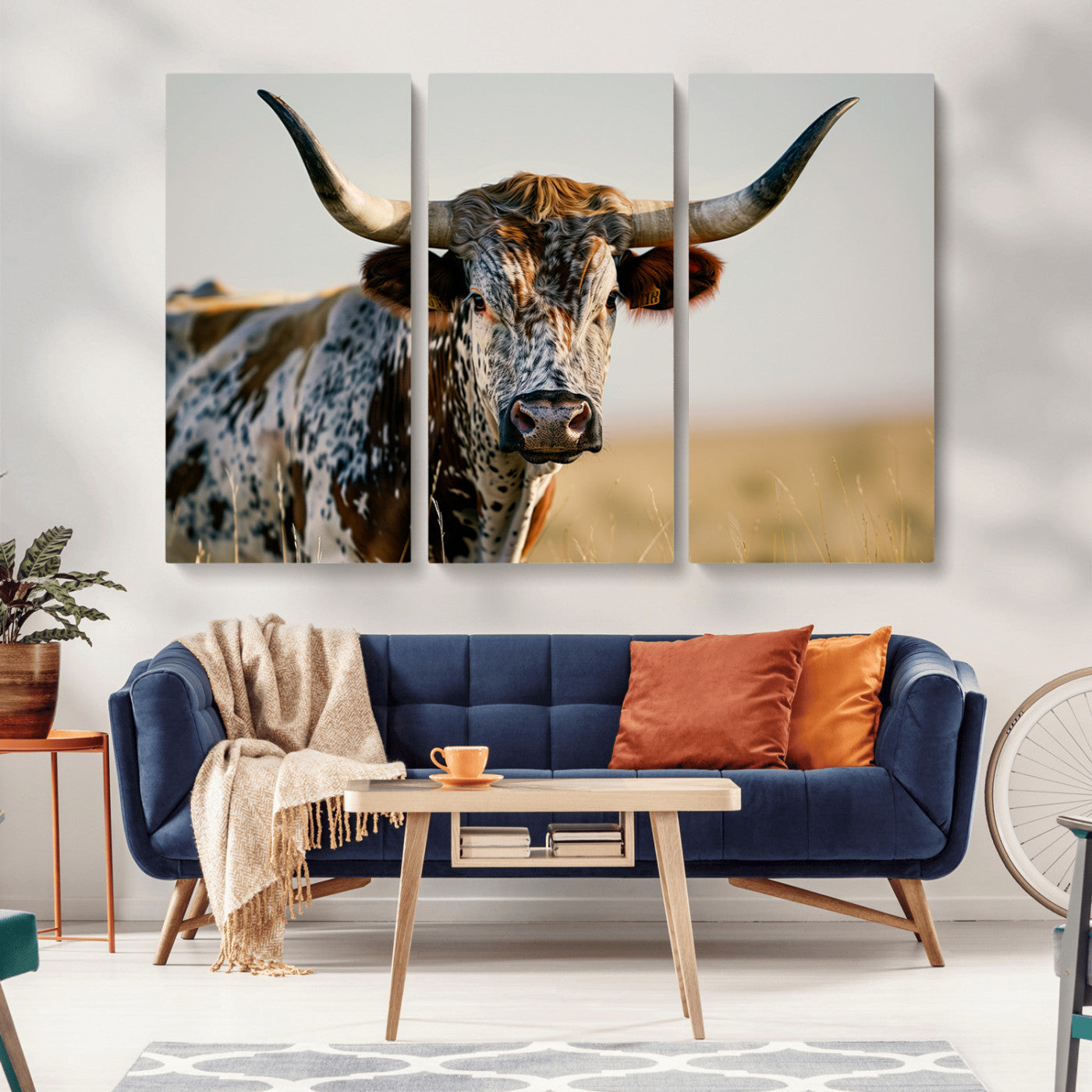 MGV-CV-48X32-3P - Texas Bull Longhorn Wall Art Canvas Print for Farm House Wall Decor, Farmhouse Wall Art Print