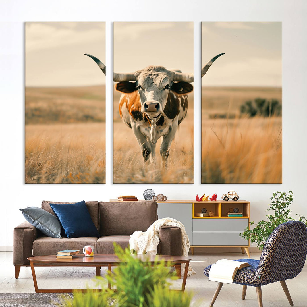 The Texas Cow Longhorn Wall Art Canvas adds rustic charm to the decor.