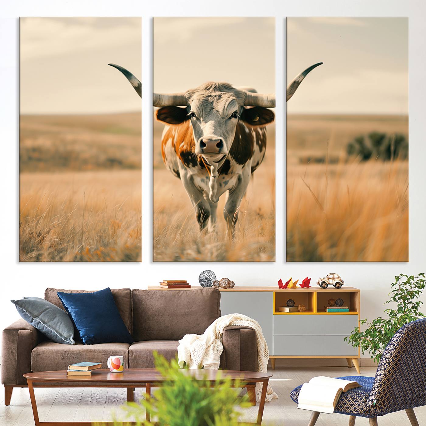 16580-MGV-CV-36X24-Texas Cow Longhorn Wall Art Canvas Print for Farm House Wall Decor, Farmhouse Cow Print Canvas Wall Art Print