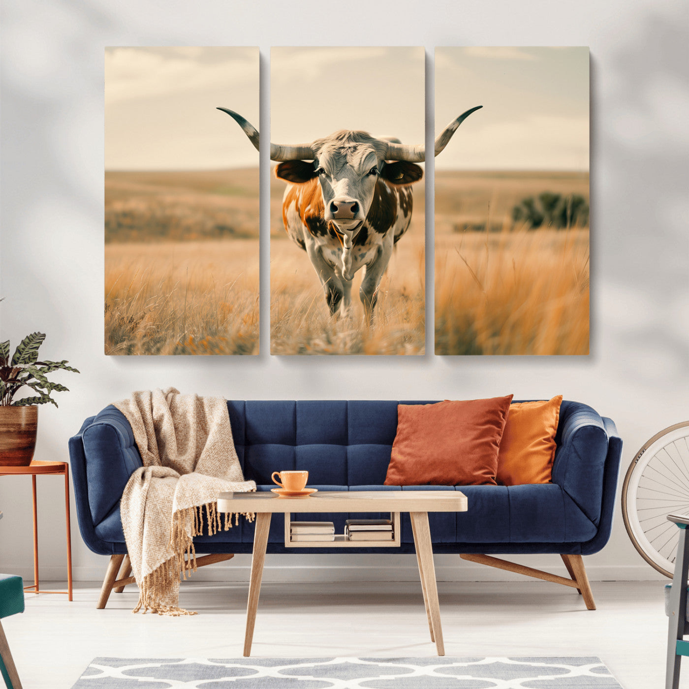 MGV-CV-48X32-3P - Texas Cow Wall Art Canvas Print for Farm House Wall Decor, Farmhouse Wall Art Print