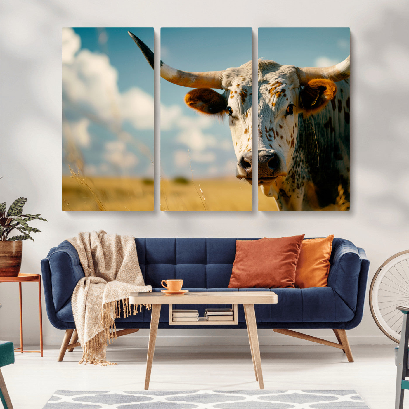 MGV-CV-48X32-3P - Longhorn in the Prairie - Stunning Ranch-Style Triptych Wall Art for Western Home Decor, Cowboy Wall