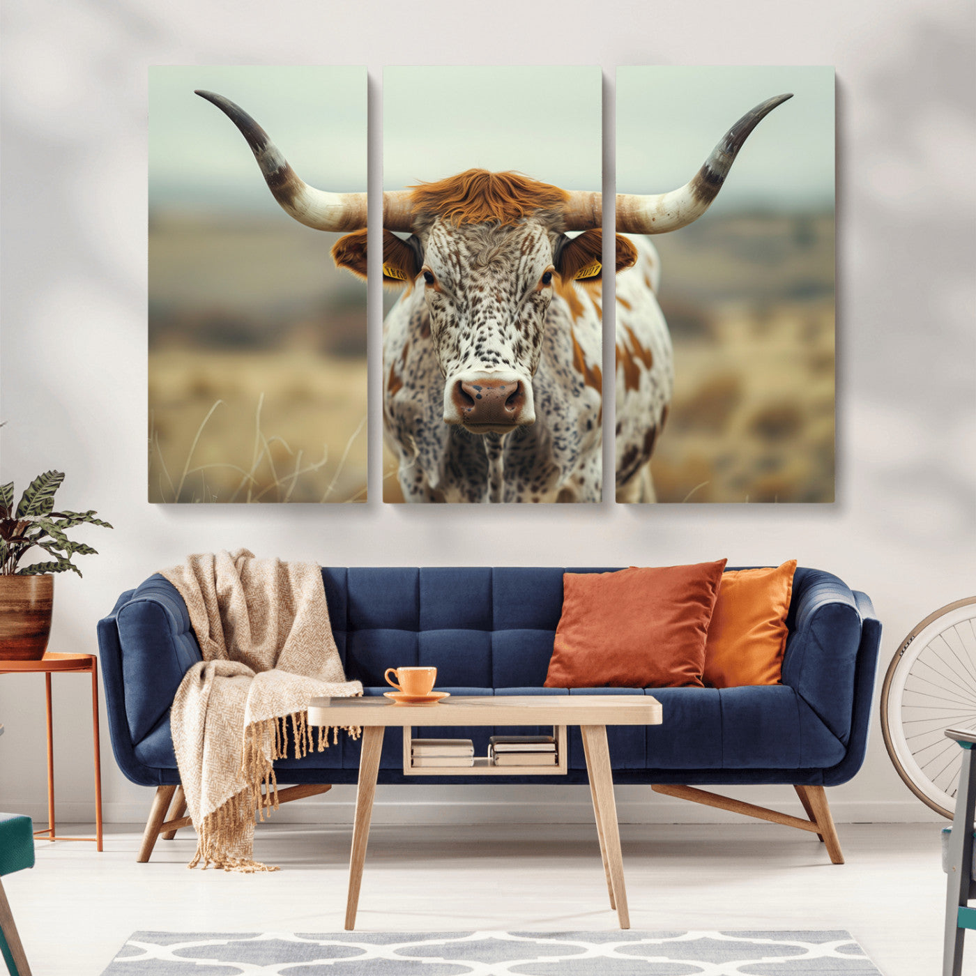 MGV-CV-48X32-3P - Texas Cow Longhorn Wall Art Canvas Print for Farm House Wall Decor, Farmhouse Wall Art Print