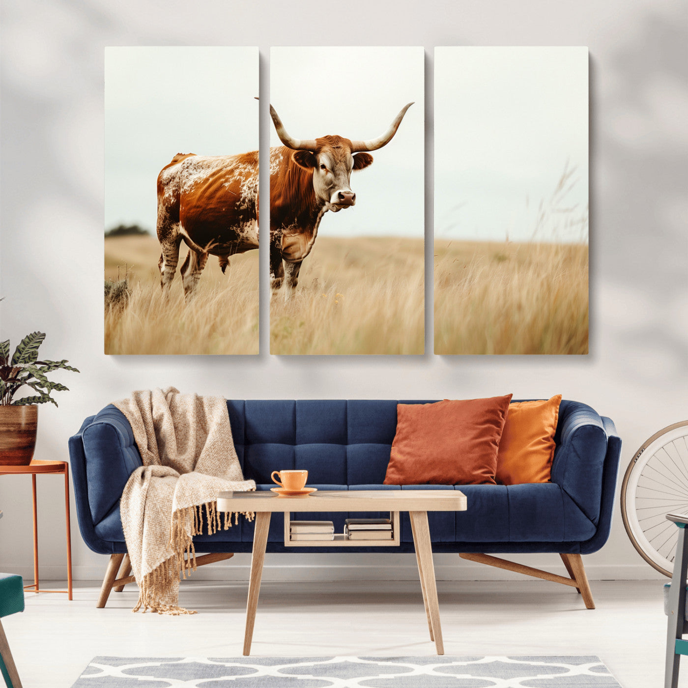 MGV-CV-48X32-3P - Texas Longhorn Canvas Wall Art Print – Majestic Western Cattle in Rustic Farmhouse Decor – Cow Wall