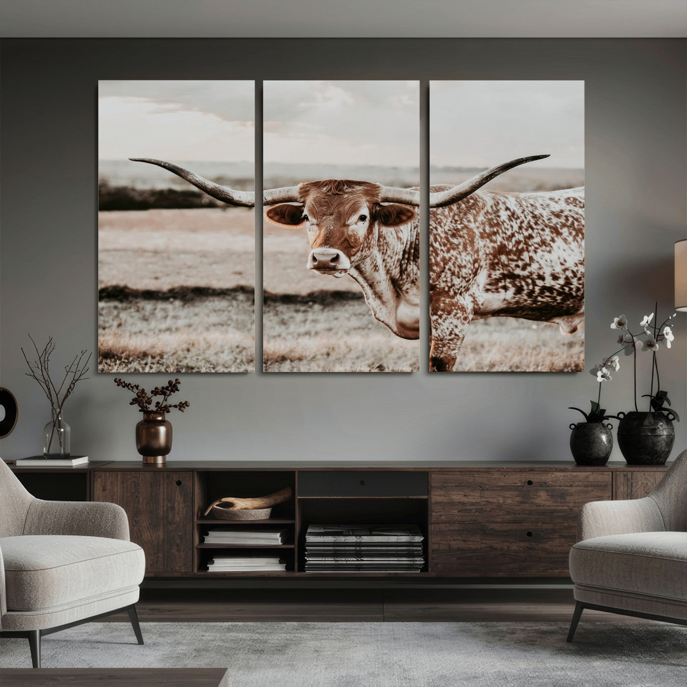 62910-MGV-CV-36X24 - Texas Longhorn Canvas Wall Art Print – Majestic Western Cattle in Rustic Farmhouse Decor – Cowboy Wall Decor