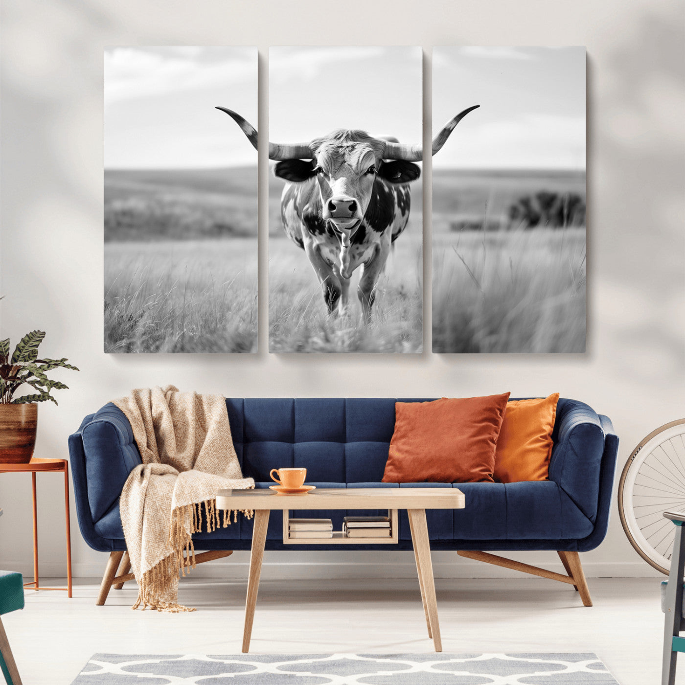 MGV-CV-48X32-3P - Texas Cow Longhorn Wall Art Canvas Print for Farm House Wall Decor, Farmhouse Wall Art Print
