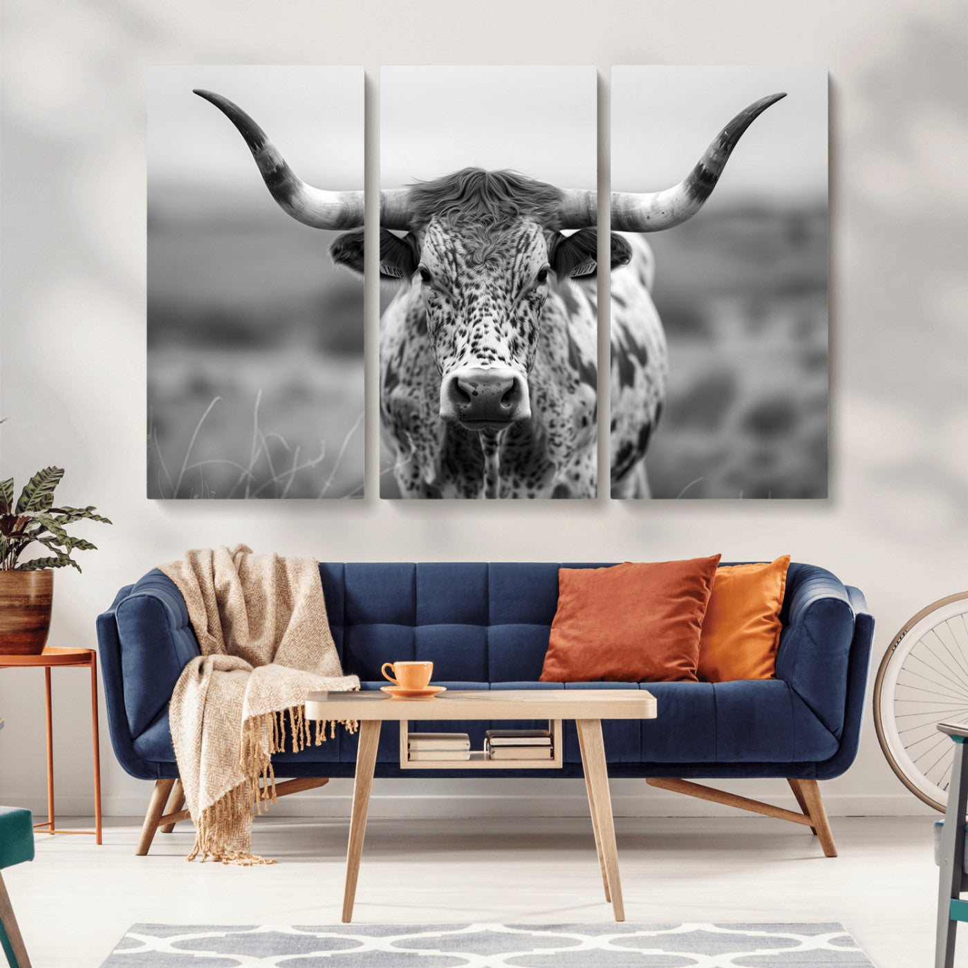 MGV-CV-48X32-3P - Texas Cow Longhorn Wall Art Canvas Print for Farm House Wall Decor, Farmhouse Wall Art Print