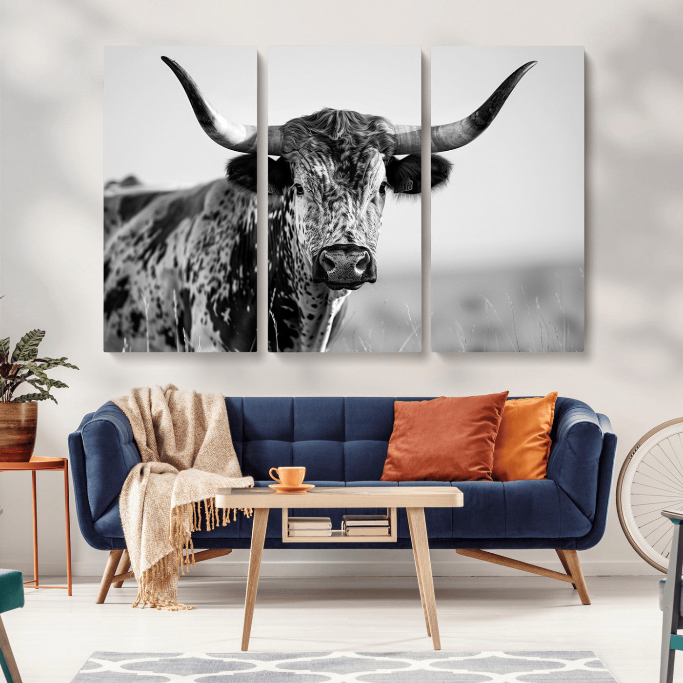 MGV-CV-48X32-3P - Texas Highland Cow Longhorn Canvas Print - Rustic Farmhouse Wall Art - Large Texas Longhorn