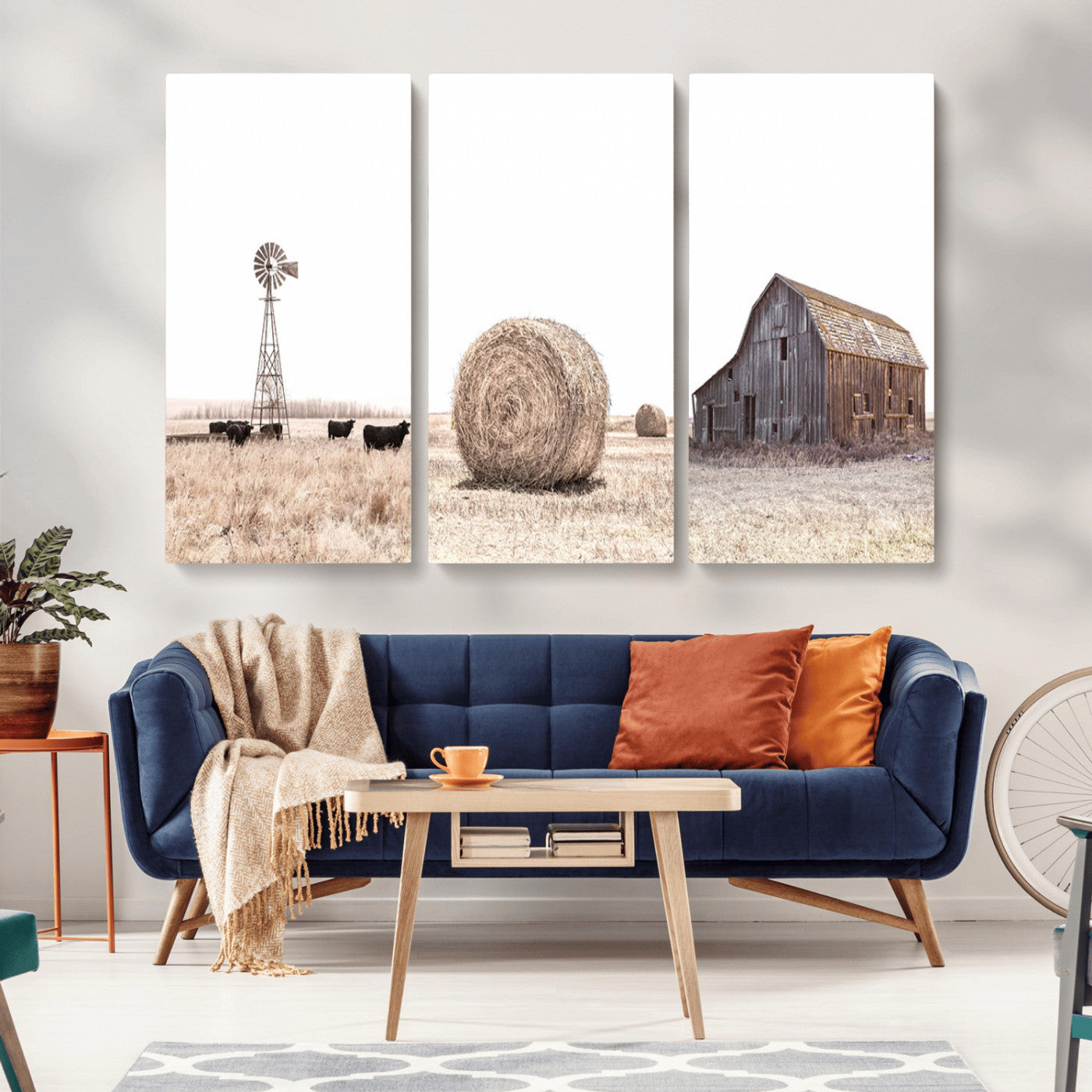 MGV-CV-48X32-3P - Rustic Farmhouse Wall Art Set of 3 – Country Barn and Wheat Field | Farm Prints for Country Home and