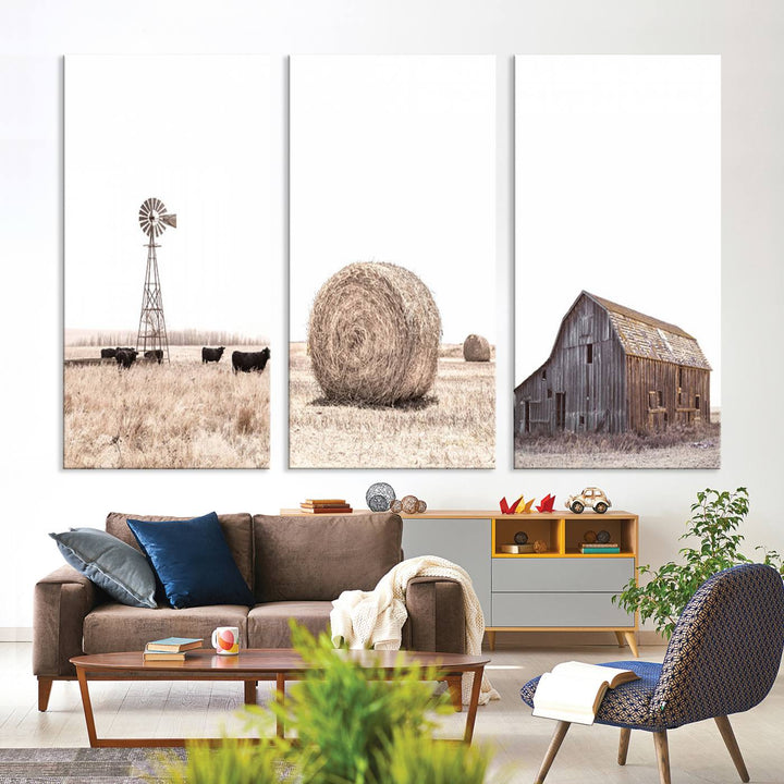 Above the couch, a Rustic Farmhouse Wall Art set depicts a barn and wheat field.