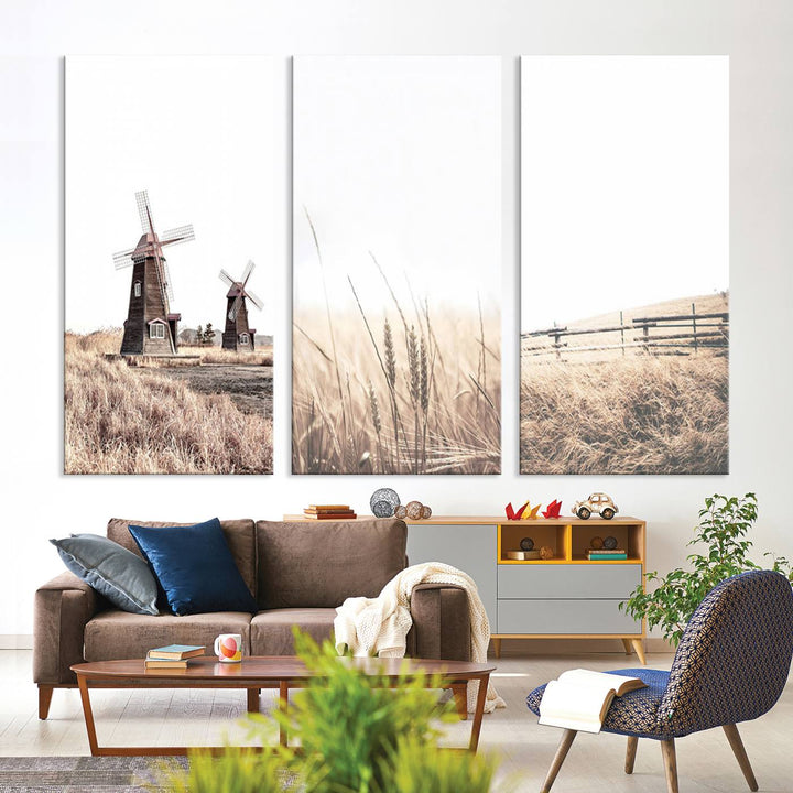 Farmhouse wall art set: 3 giclee canvas prints featuring windmills and wheat fields.