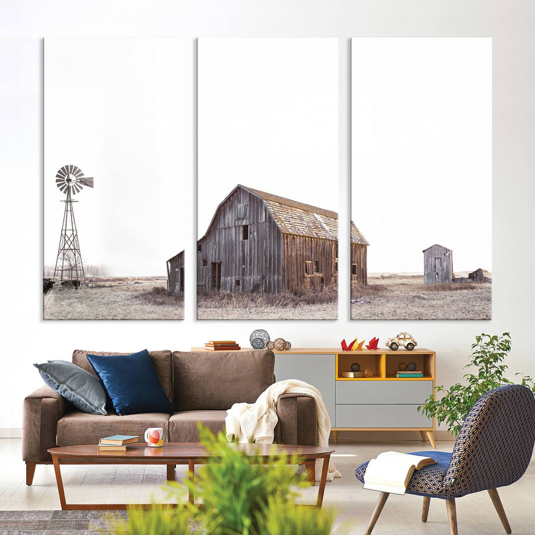 The Set of 3 Rustic Farmhouse Wall Art Prints features a barn, wheat field, and landscape.