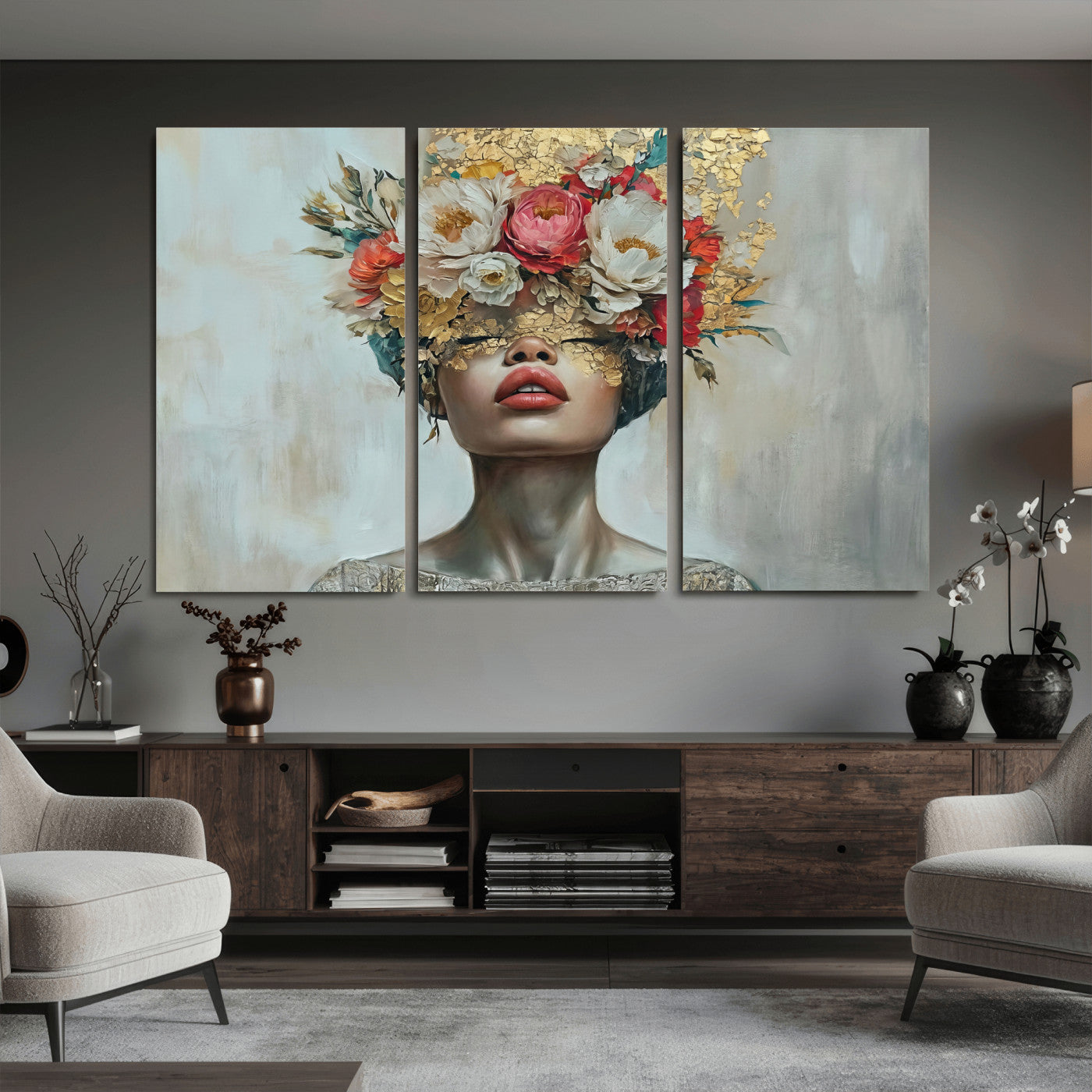 26919-MGV-CV-36X24 - Golden Petal Wall Art Canvas Print - Silhouette Woman Wall Art Canvas Print, Floral Woman Portrait