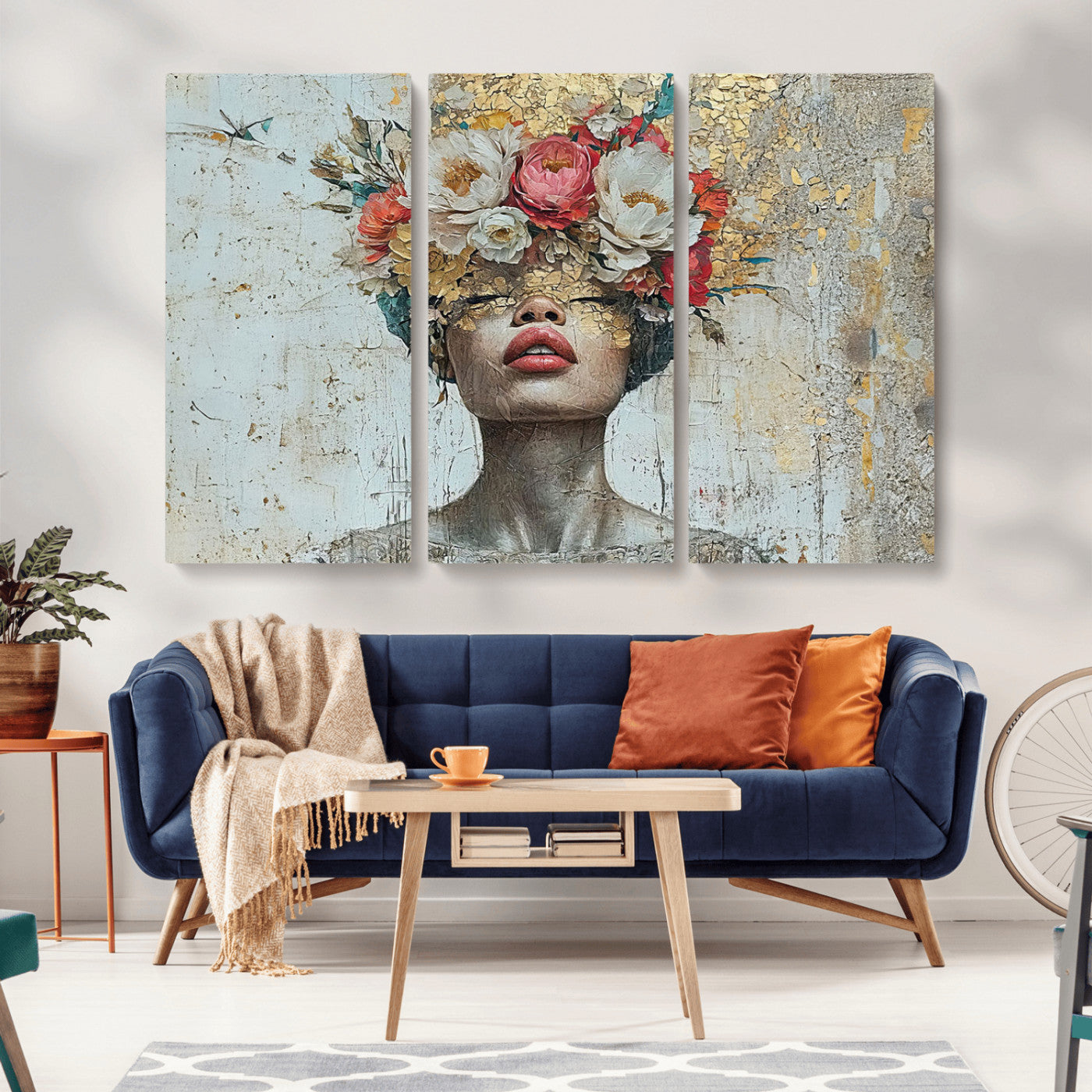 MGV-CV-48X32-3P - Golden Petal Wall Art Canvas Print - Silhouette Woman Wall Art Canvas Print, Floral Woman Portrait