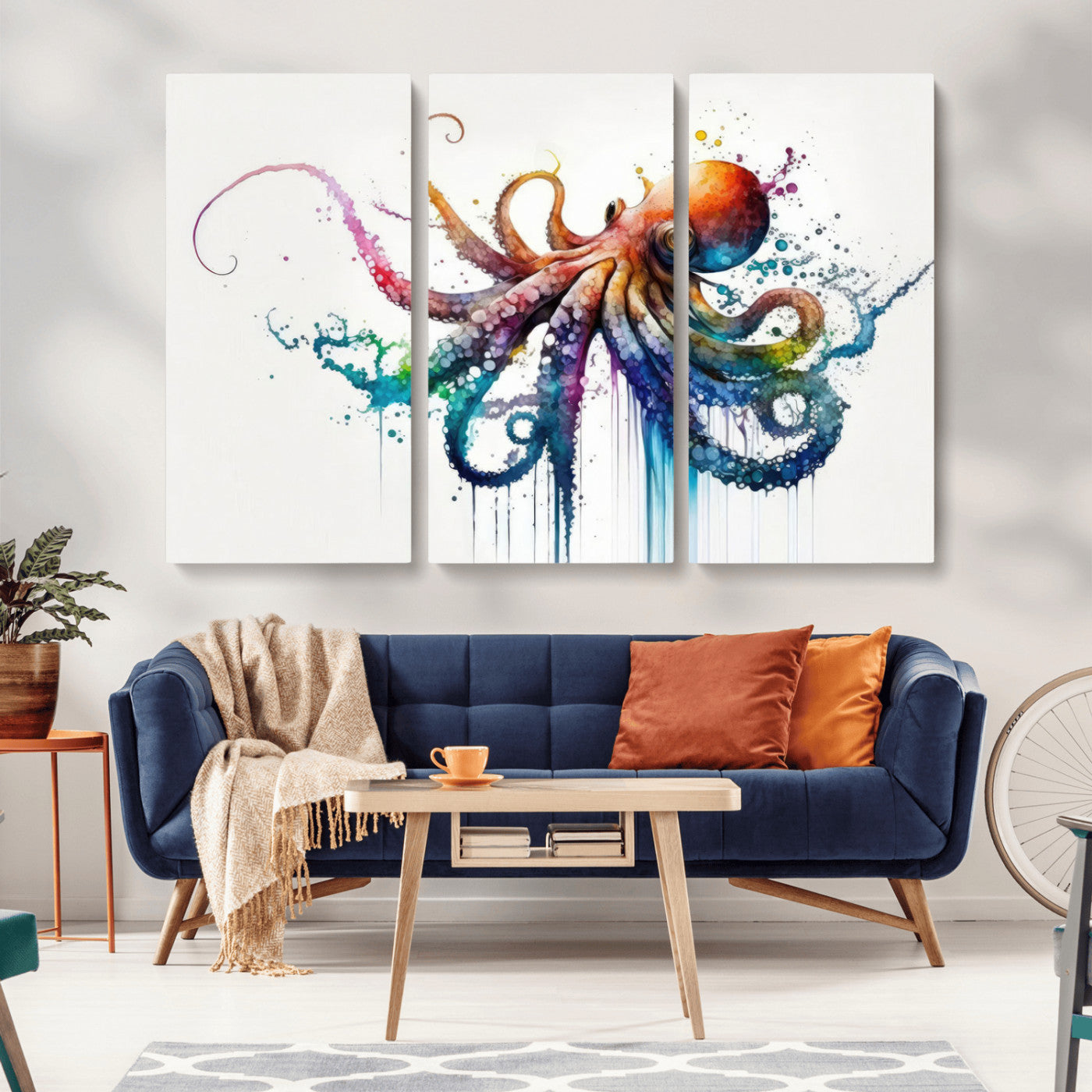 MGV-CV-48X32-3P - Watercolor Vibrant Octopus Wall Art Canvas Print | Abstract Sea Life Art | Colorful Marine Creature