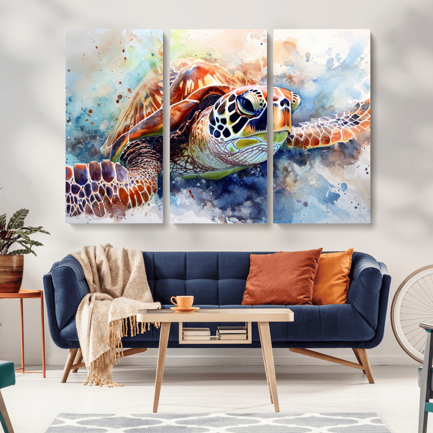 MGV-CV-48X32-3P - Watercolor Sea Turtle Wall Art Canvas Print - Vibrant Ocean Colors in Watercolor Style - Ready to