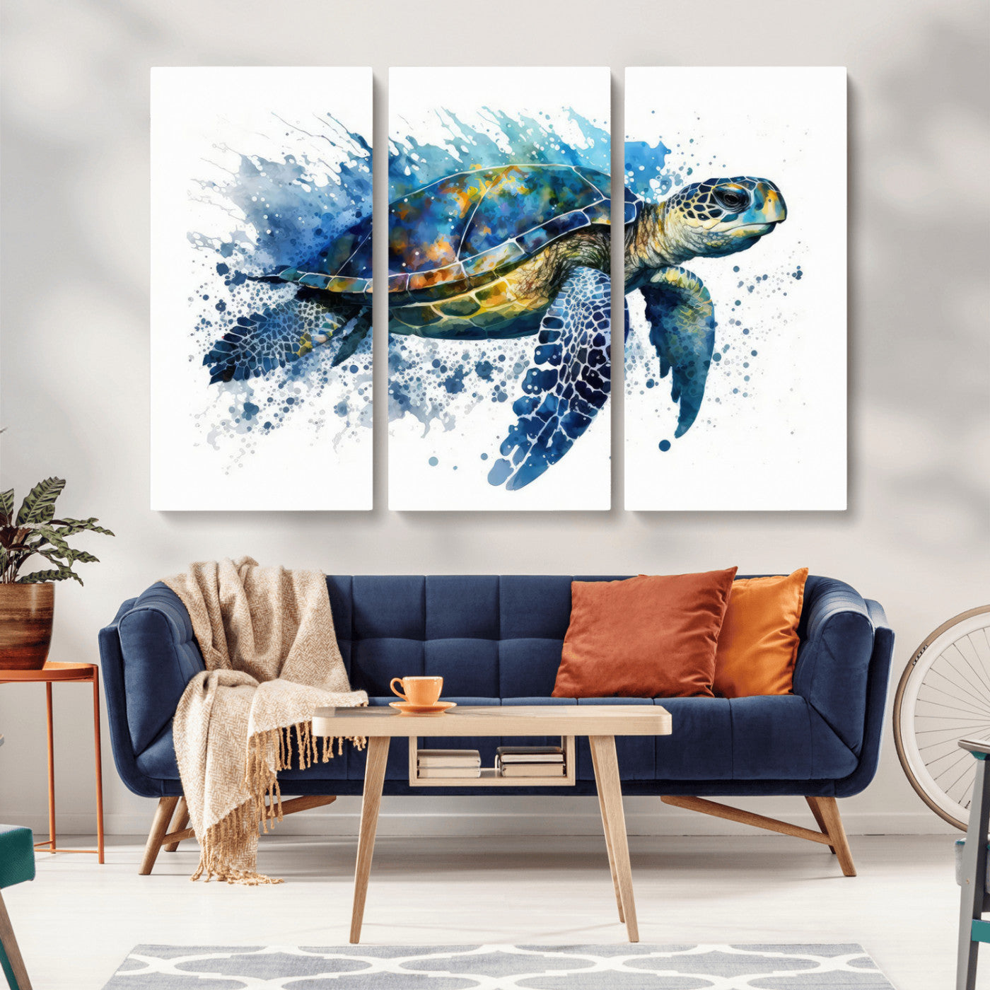 MGV-CV-48X32-3P - Turtle Wall Art Canvas Print, Framed Watercolor Turtle Art Picture Print, Ocean Life Perfect Nautical Decor Artwork