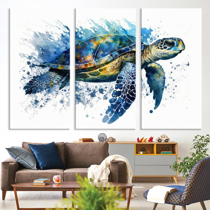 The Turtle Wall Art Print, featuring blue splashes, beautifully showcases Ocean Life.