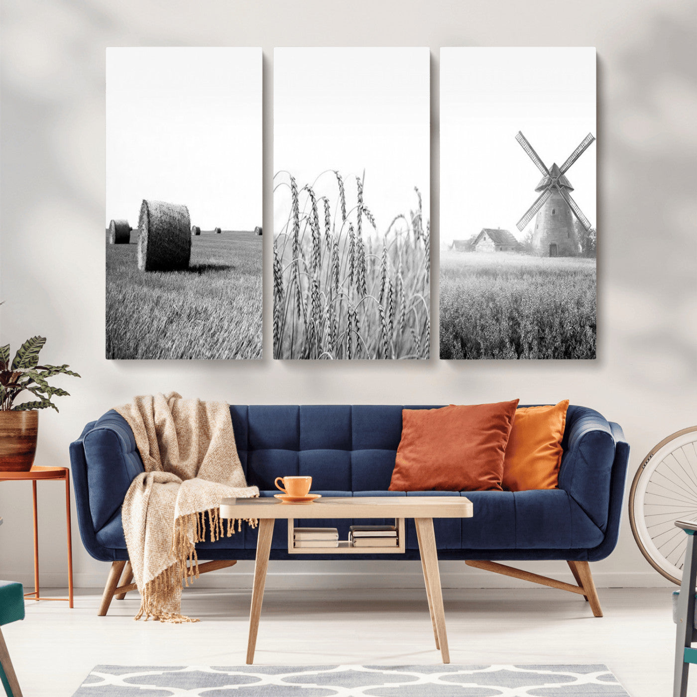 MGV-CV-48X32-3P - Vintage Farmhouse Black and White Triptych Wall Art – Giclee Canvas Featuring Wheat Fields, Hay