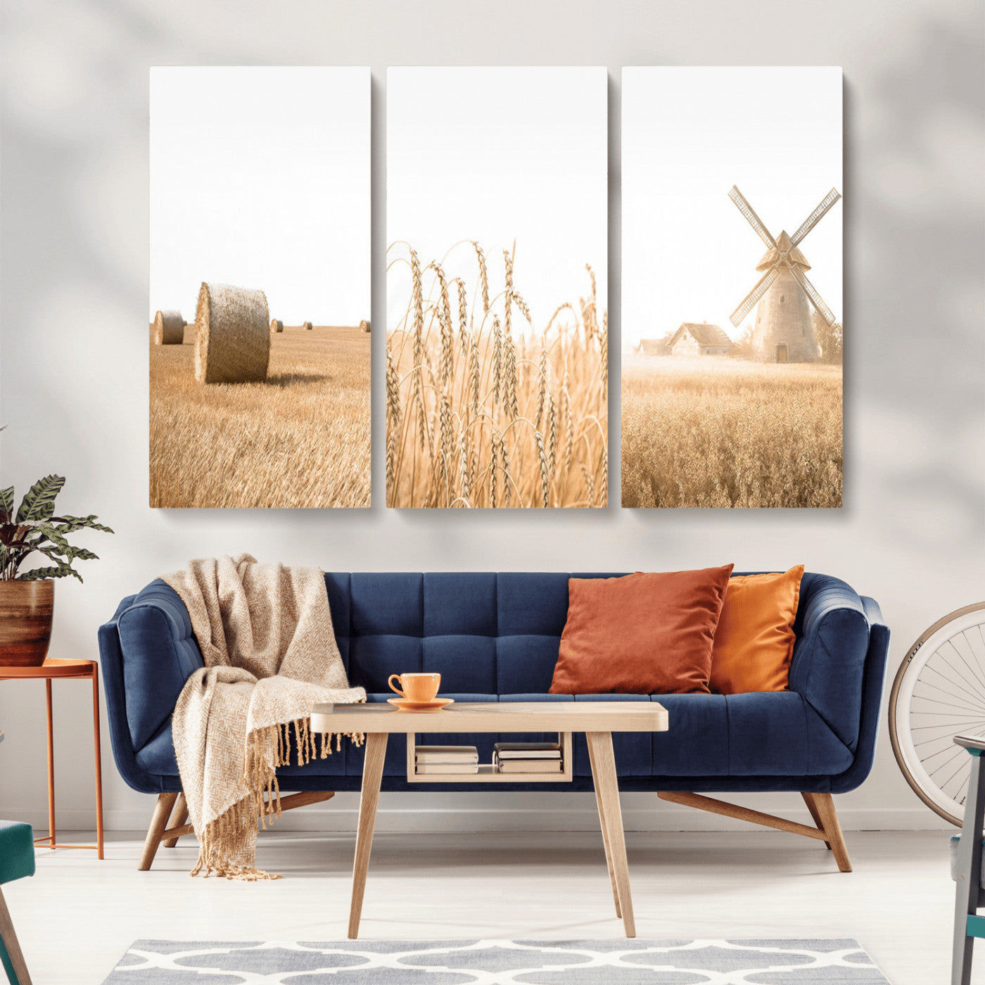MGV-CV-48X32-3P - Vintage Farmhouse Triptych Wall Art – Giclée Canvas Featuring Wheat Fields, Hay Bales, and a