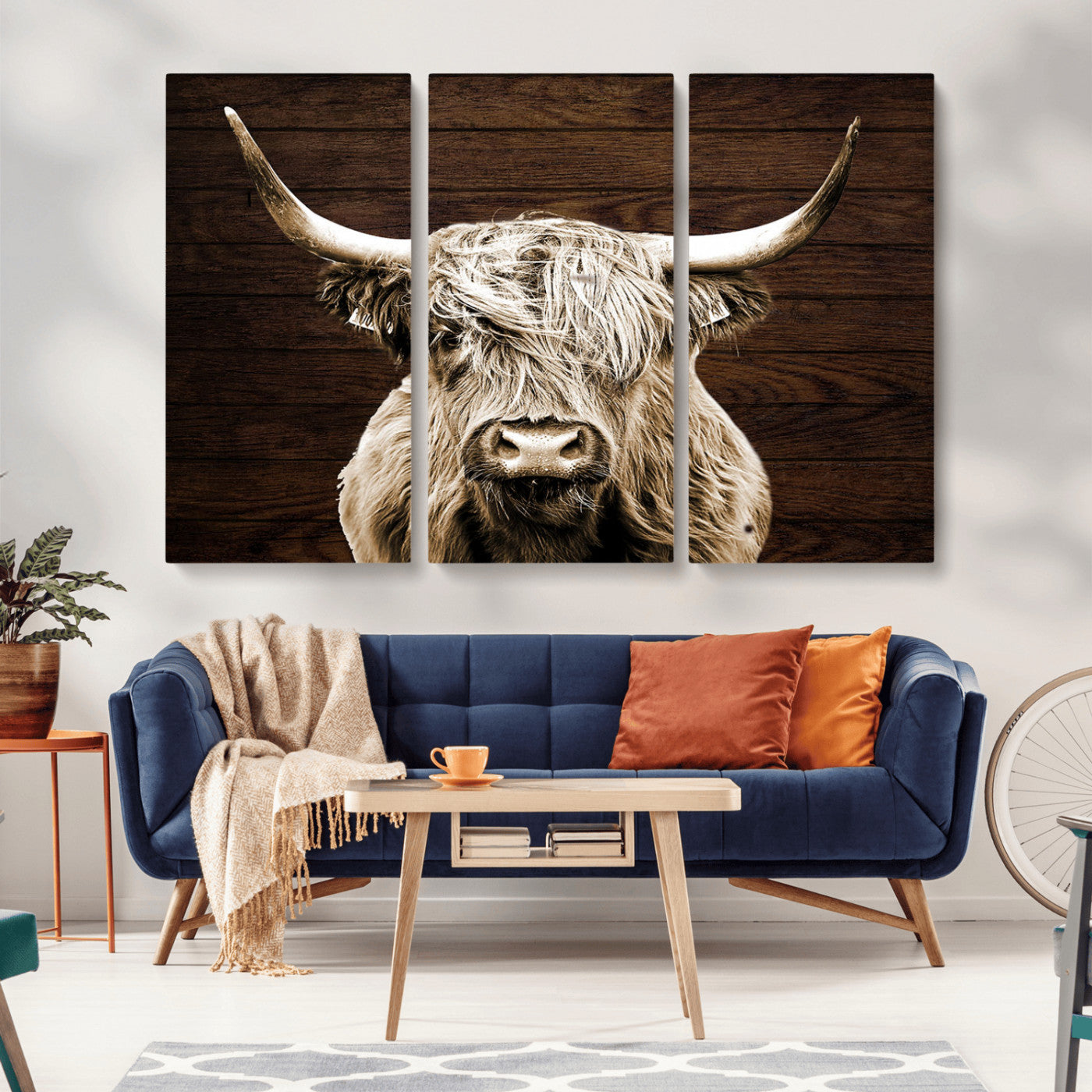 MGV-CV-48X32-3P - Highland Cow Wall Art Canvas Print, Rustic Farmhouse Decor, Majestic Scottish Highland Bull Portrait