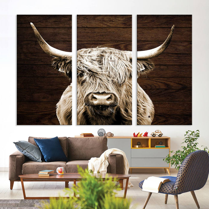 Highland Cow Wall Art Canvas Print, Rustic Farmhouse Decor, Majestic Scottish Highland Bull Portrait for Living Room – Ready to Hang