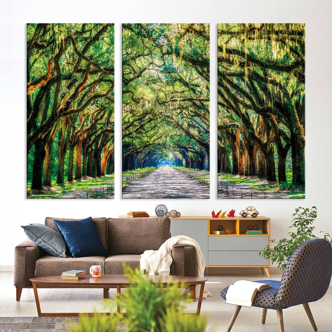 Serene Tree Tunnel Wall Art Canvas Print – Pathway Under Canopy of Lush Green Trees, Nature-Inspired Decor for Living Room – Ready to Hang