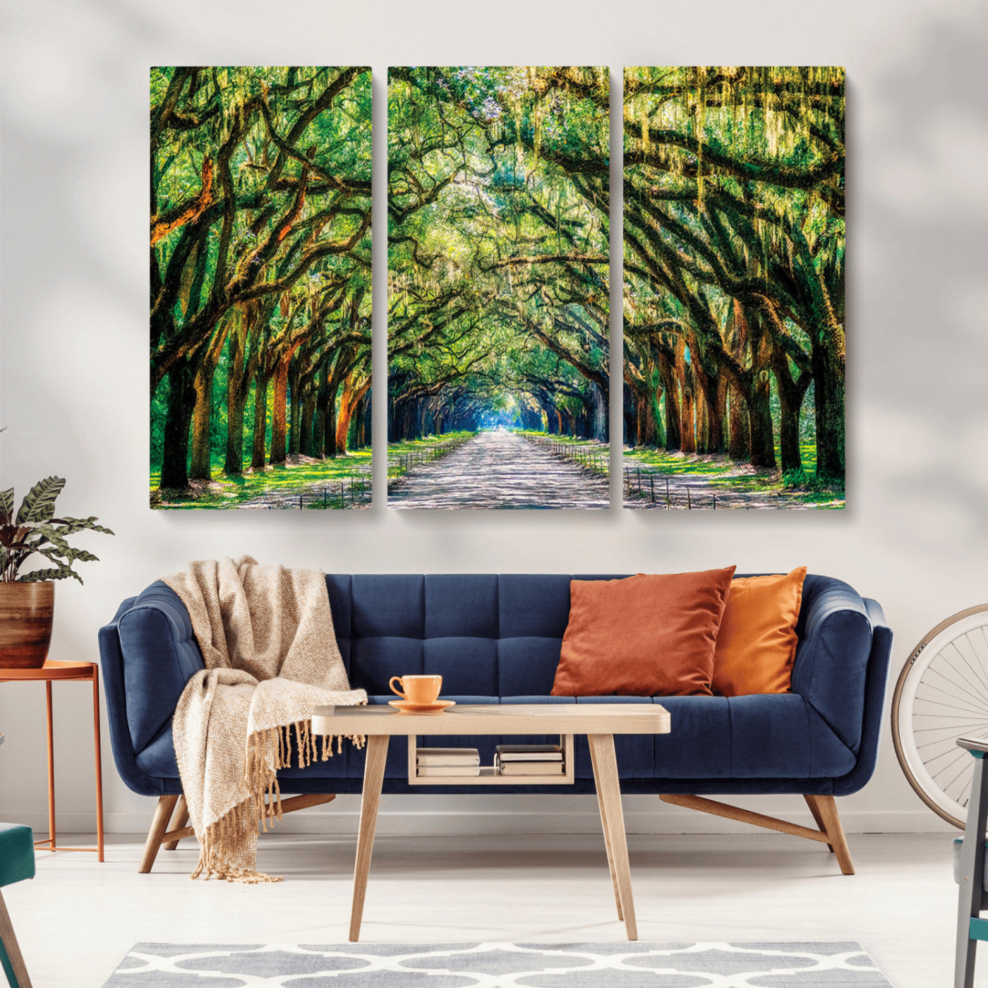 MGV-CV-48X32-3P - Serene Tree Tunnel Wall Art Canvas Print – Pathway Under Canopy of Lush Green Trees, Nature-Inspired