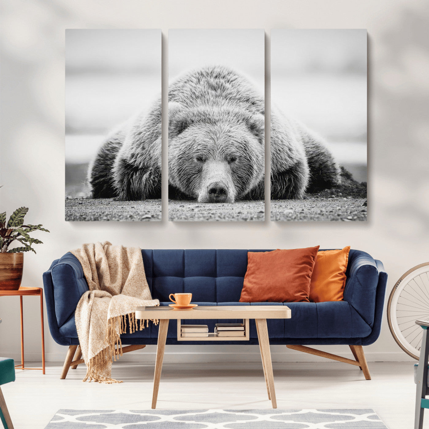 MGV-CV-48X32-3P - Resting Grizzly Bear Wall Art Canvas Print – Majestic Lazy Black and White Wildlife Bear Art,
