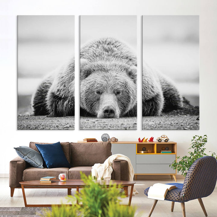 Resting Grizzly Bear wall art displayed in a modern room.