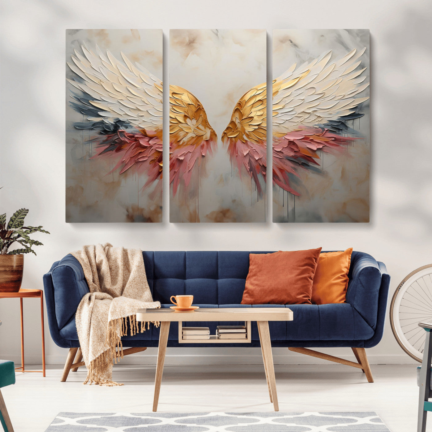 MGV-CV-48X32-3P - Golden Angel Wings Wall Art Canvas Print – Stunning Abstract Winged Art for Elegant Home Decor –