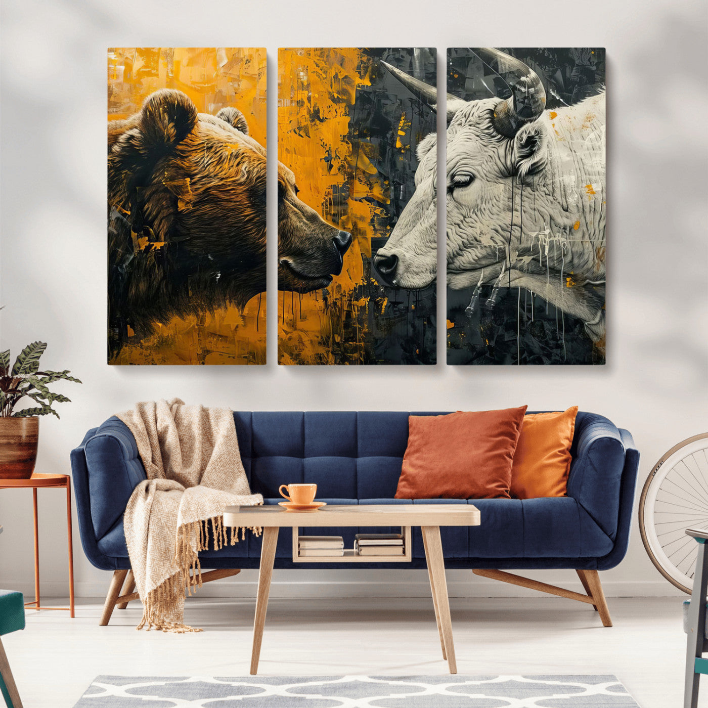 MGV-CV-48X32-3P - Bear and Bull Wall Art Canvas Print – Abstract Animal Portrait Painting for Modern Home Decor –