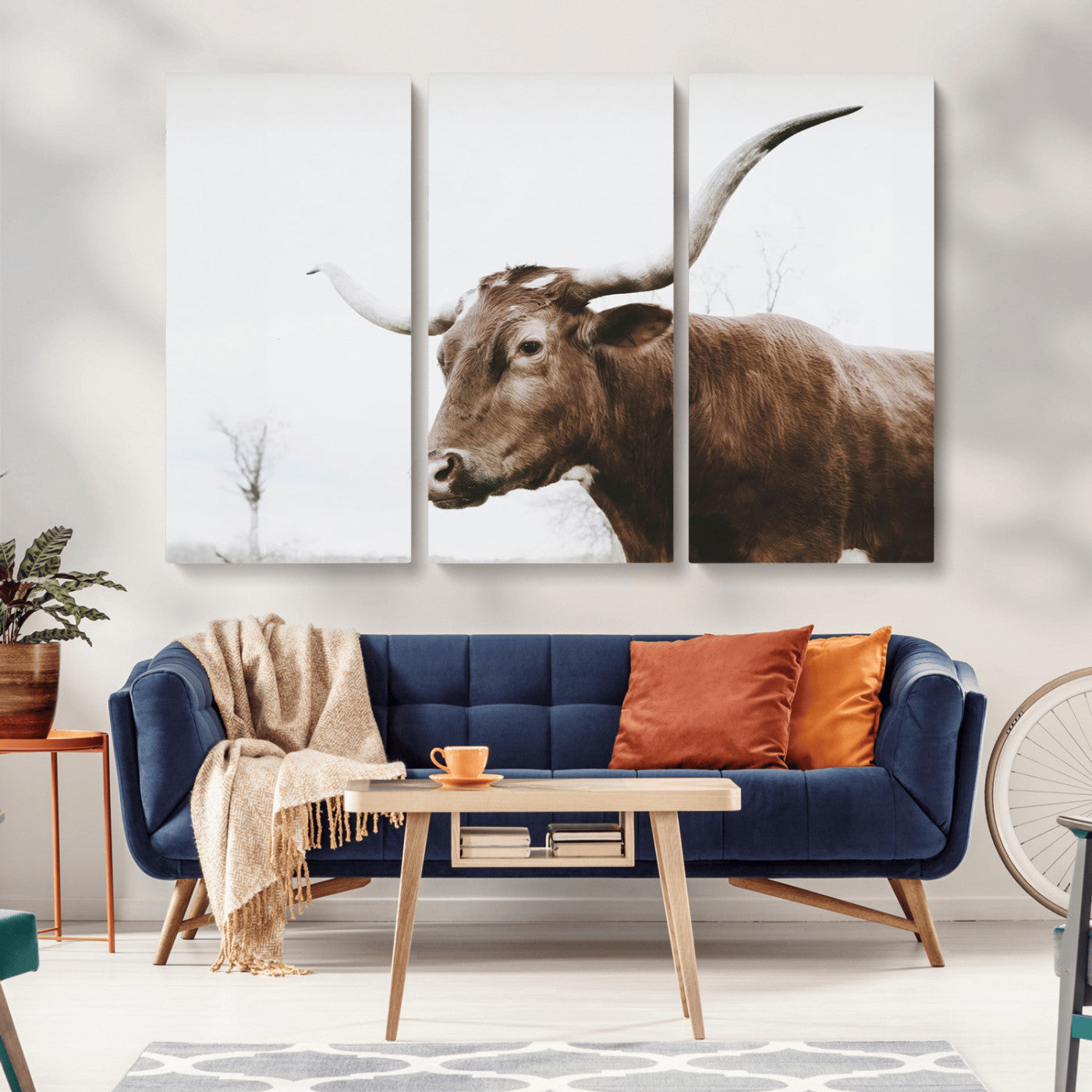 MGV-CV-48X32-3P - Rustic Bull Wall Art Canvas Print – Modern Longhorn Farmhouse Animal Decor – Abstract Farm Cow