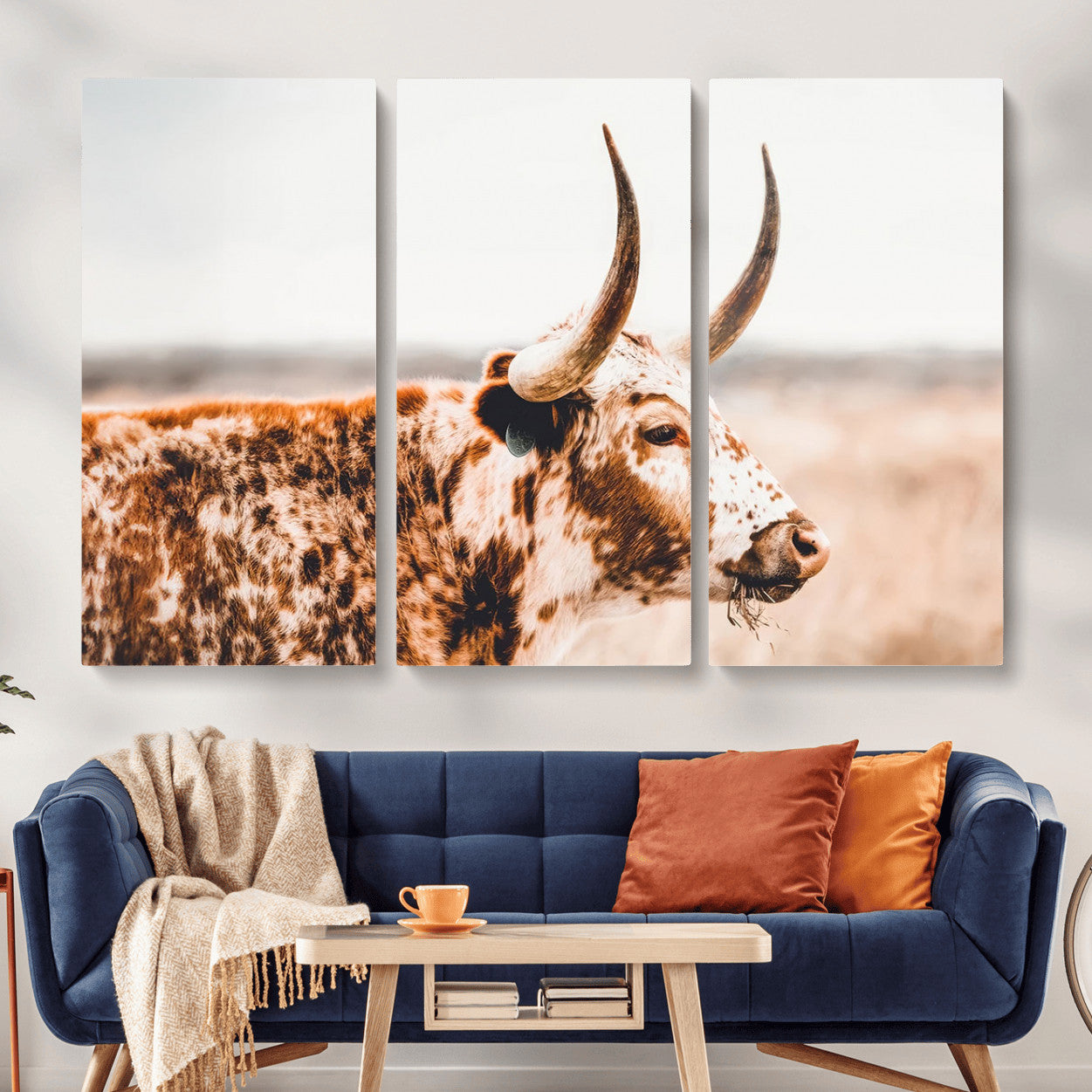 MGV-CV-48X32-3P - Speckled Bull Wall Art Canvas Print – Rustic Cow Longhorn Farmhouse Animal Decor – Western Longhorn