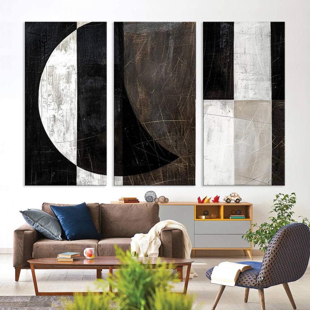 Wabi Sabi Wall Art Canvas Set features black, white, and brown geometric shapes.