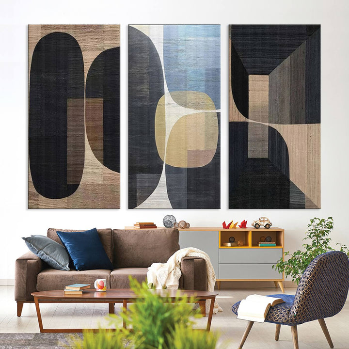 Minimalist 3 Panel Abstract Brown Wabi Sabi Wall Art Canvas Print.