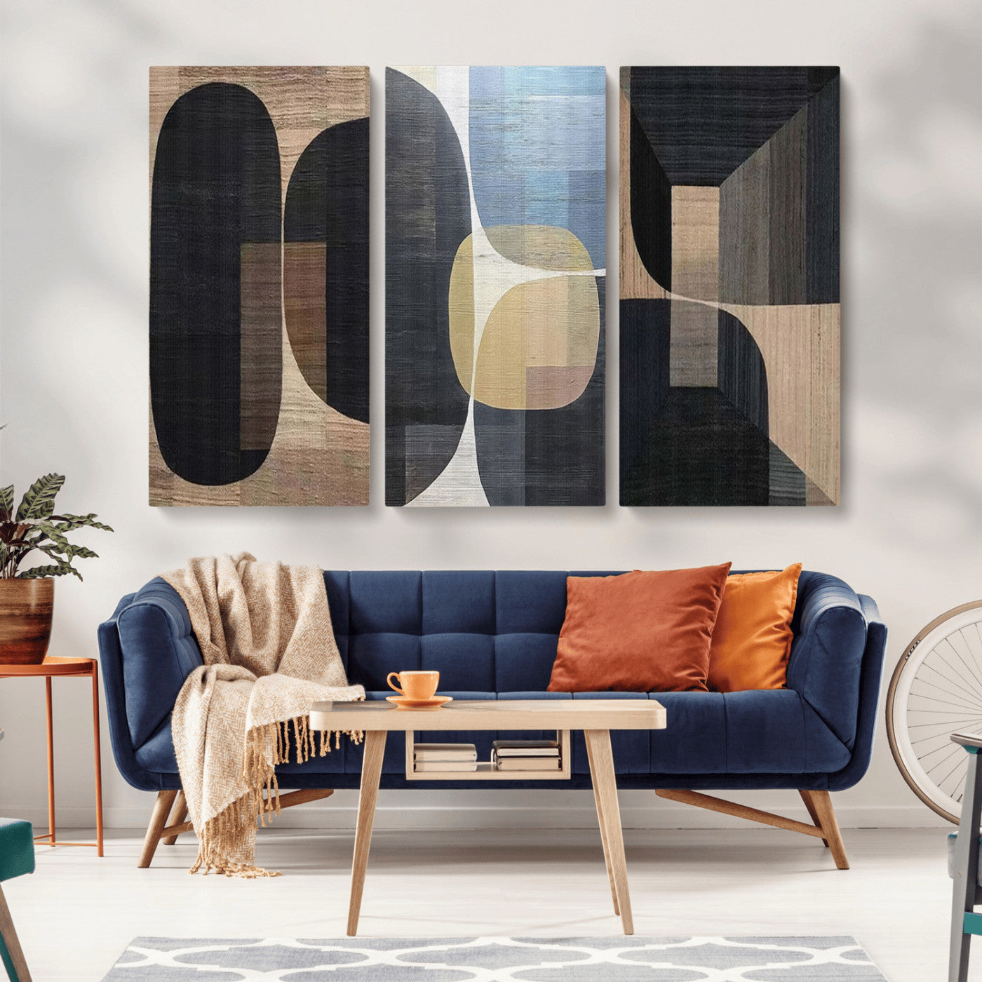 MGV-CV-48X32-3P - Minimalist Wabi Sabi Abstract Geometric Wall Art Canvas Print – Modern Minimalist Shapes – Ready to
