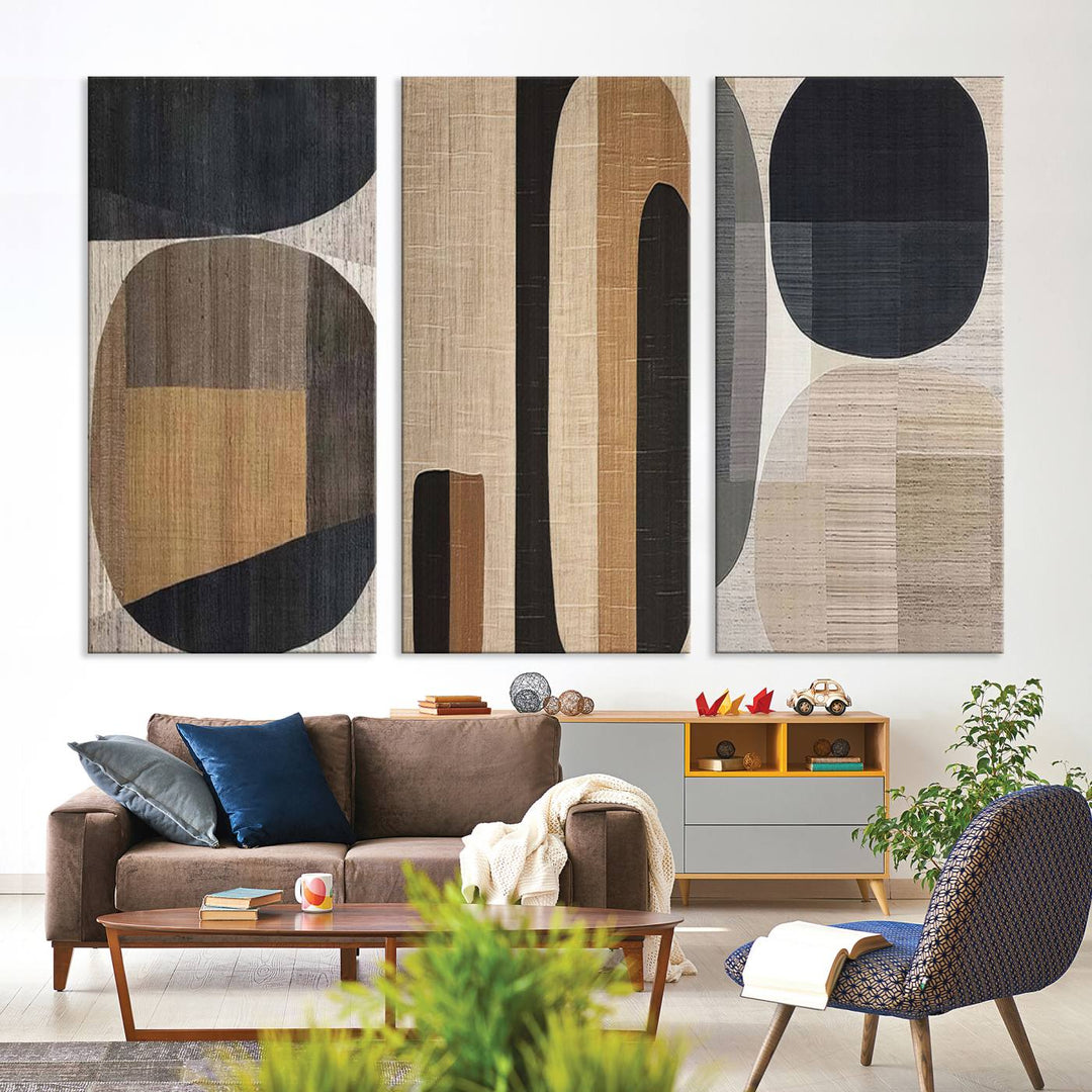 A modern dining room featuring neutral geometric boho abstract minimalist canvas art.