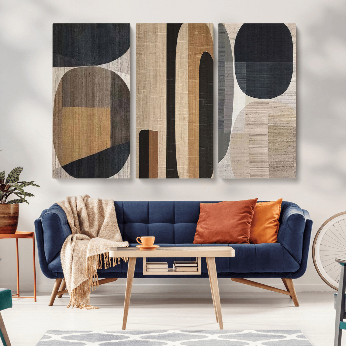 MGV-CV-48X32-3P - Abstract Minimalist Canvas Wall Art - Neutral Geometric Modern Boho Decor, Minimalist Brown Wabi