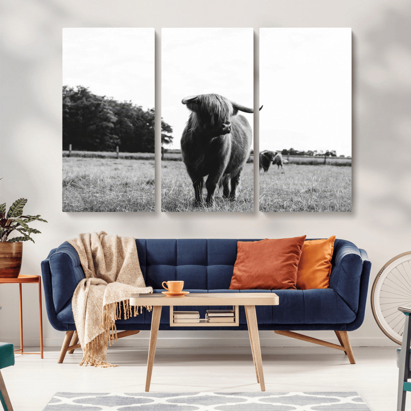 MGV-CV-48X32-3P - Black and White Highland Cow Wall Art Canvas Print | Rustic Western Decor for Living Room or Office,