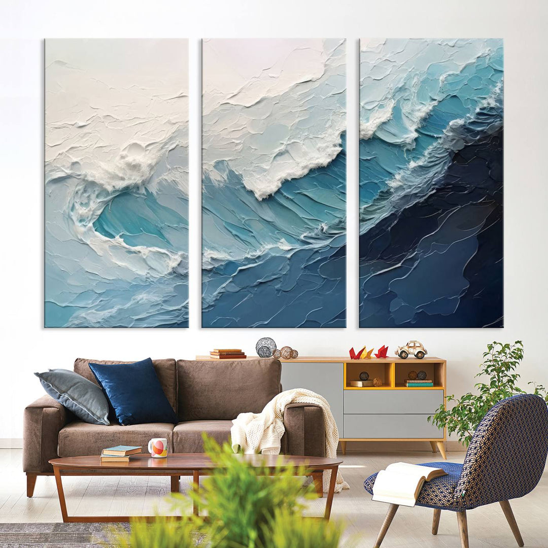 The Blue Abstract Wave Ocean Wall Art Canvas Print hangs prominently.