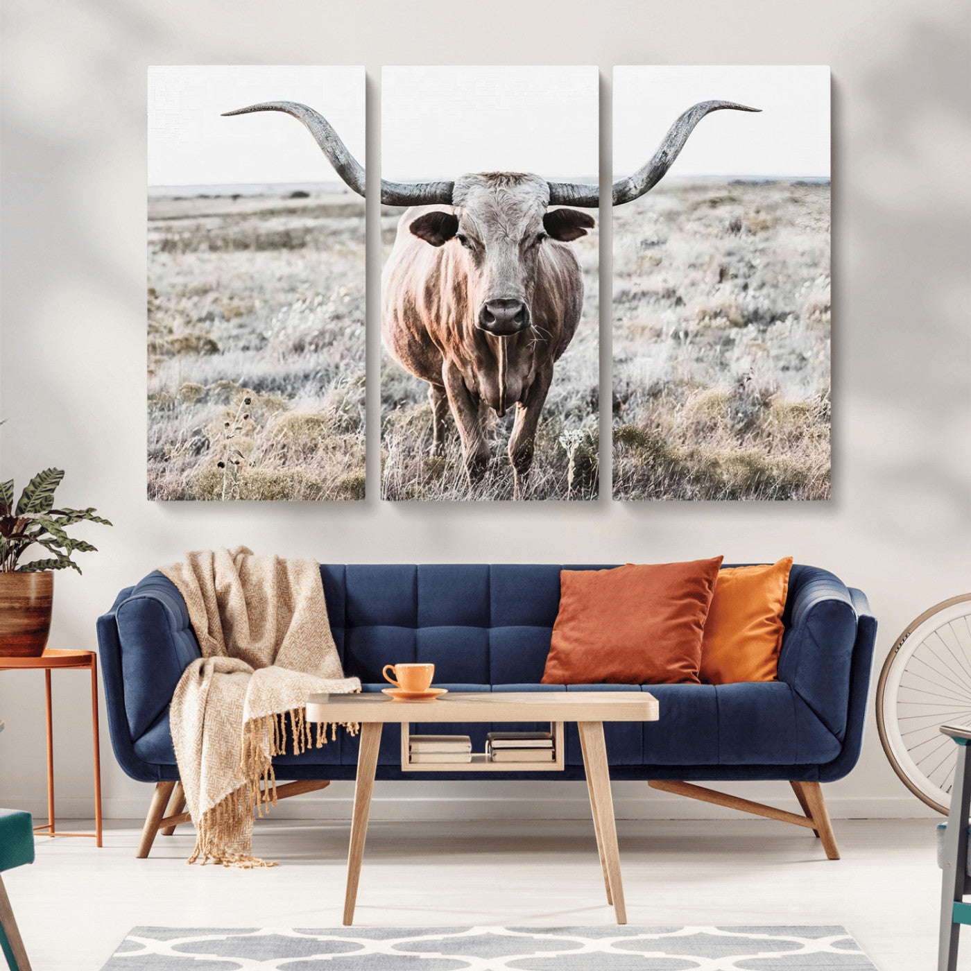 -Rustic Texas Longhorn Wall Art Canvas Print | Western Farmhouse Decor for Living Room or Office,