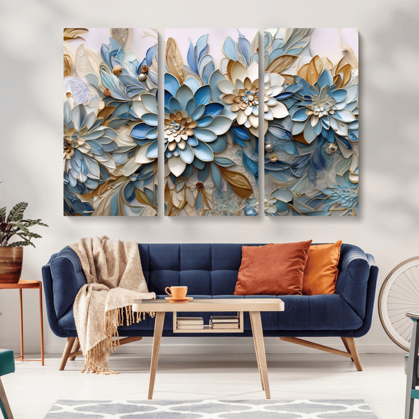 MGV-CV-48X32-3P - Blu Abstract Flower Wall Art Canvas Print