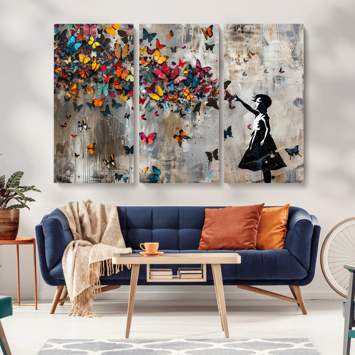 MGV-CV-48X32-3P - Banksy Wall Art - Banksy Girl and Butterfly Explosion Wall Art Canvas Print | Girl with Butterflies