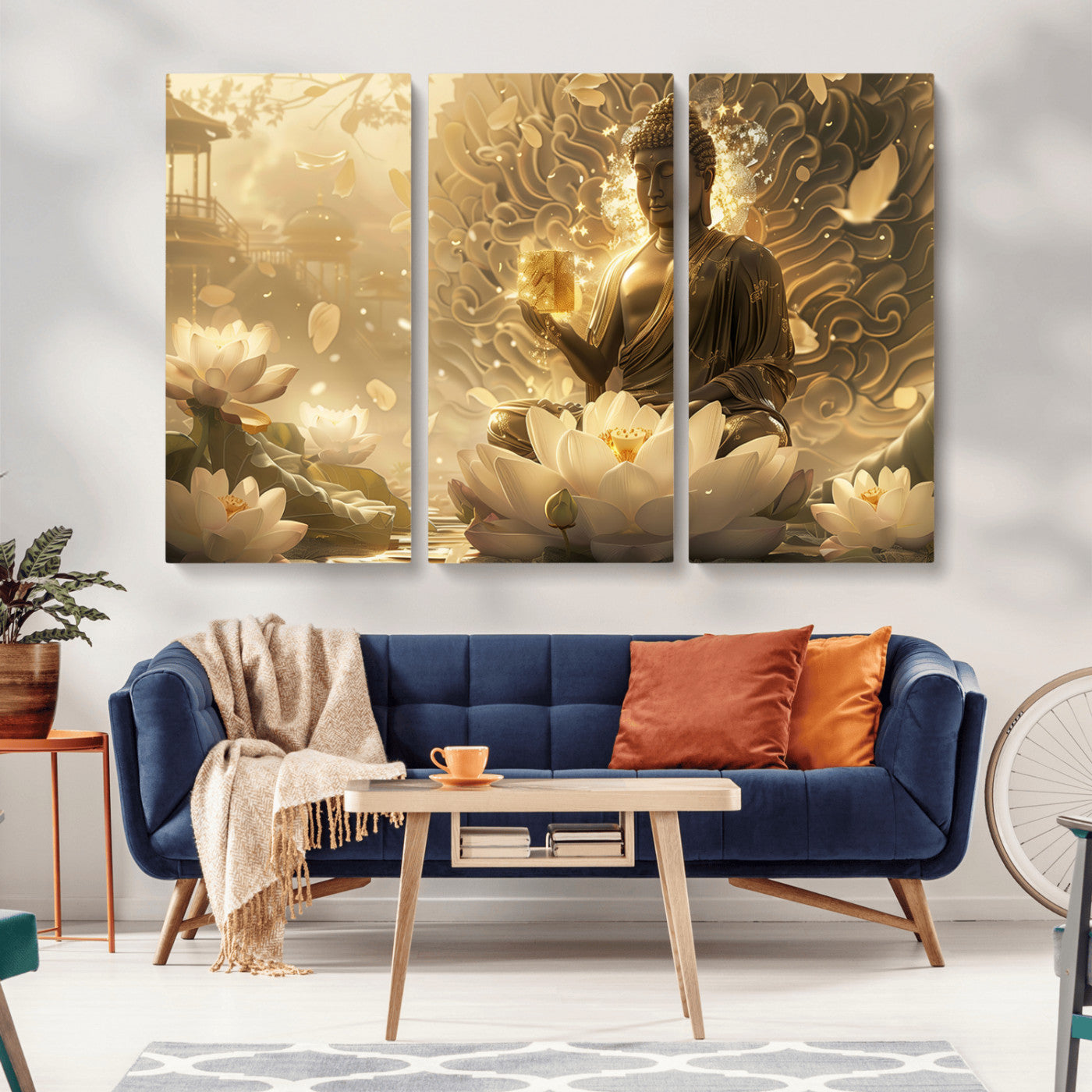 MGV-CV-48X32-3P - Golden Buddha Wall Art | Yoga Room Decor and Meditation Room Wall Art | Framed and Ready to Hang